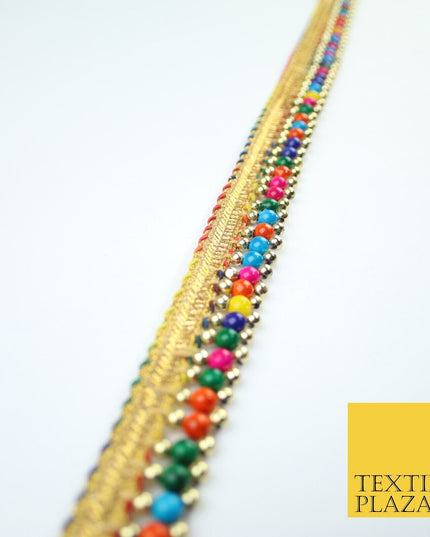 Multicolour Colourful Pearl Beaded Gold Ribbon Trim Border Lace - 2cm Wide X576
