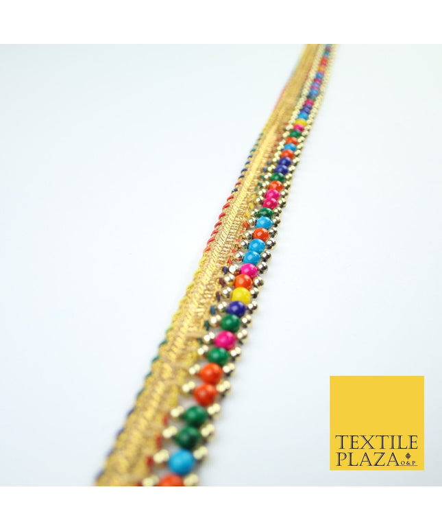 Multicolour Colourful Pearl Beaded Gold Ribbon Trim Border Lace - 2cm Wide X576