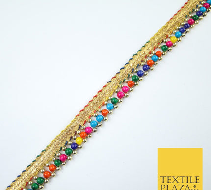 Multicolour Colourful Pearl Beaded Gold Ribbon Trim Border Lace - 2cm Wide X576