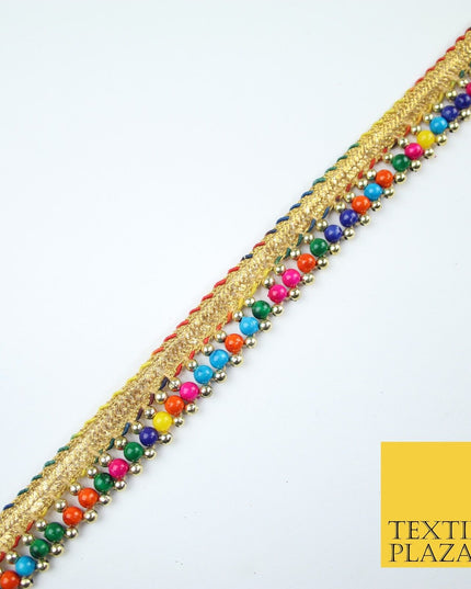 Multicolour Colourful Pearl Beaded Gold Ribbon Trim Border Lace - 2cm Wide X576