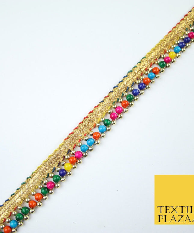 Multicolour Colourful Pearl Beaded Gold Ribbon Trim Border Lace - 2cm Wide X576