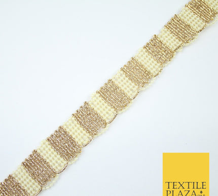 Gold / Ivory Pearl Beaded Striped Swag Ribbon Trim Border Lace - 3cm Wide - X525
