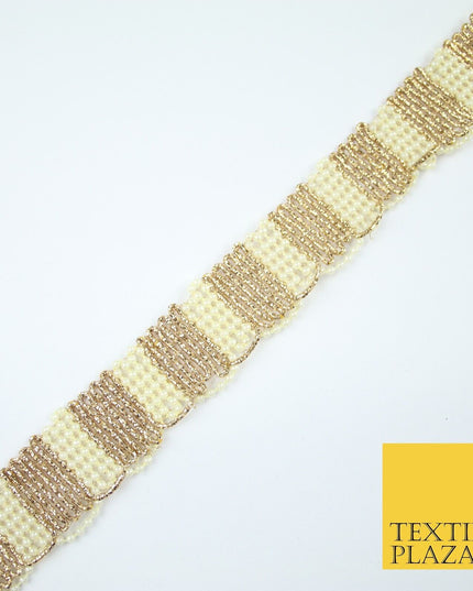 Gold / Ivory Pearl Beaded Striped Swag Ribbon Trim Border Lace - 3cm Wide - X525