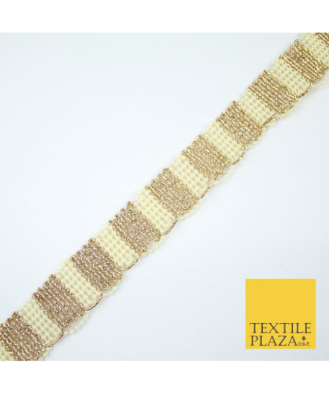 Gold / Ivory Pearl Beaded Striped Swag Ribbon Trim Border Lace - 3cm Wide - X525