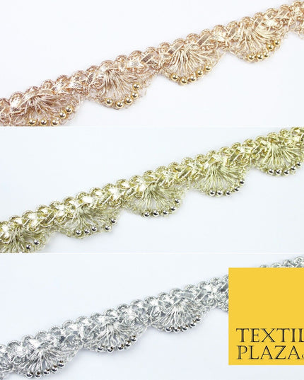 Chrome Pearl Beaded Swag Scalloped Metallic Ribbon Trim Border Lace - 2.2cm Wide