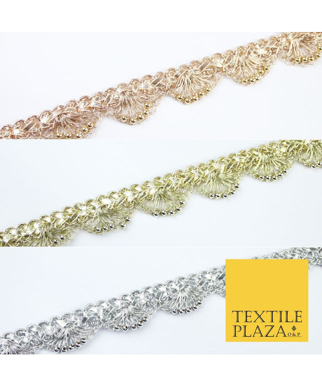 Chrome Pearl Beaded Swag Scalloped Metallic Ribbon Trim Border Lace - 2.2cm Wide