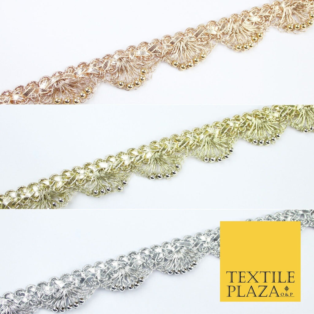 Chrome Pearl Beaded Swag Scalloped Metallic Ribbon Trim Border Lace - 2.2cm Wide