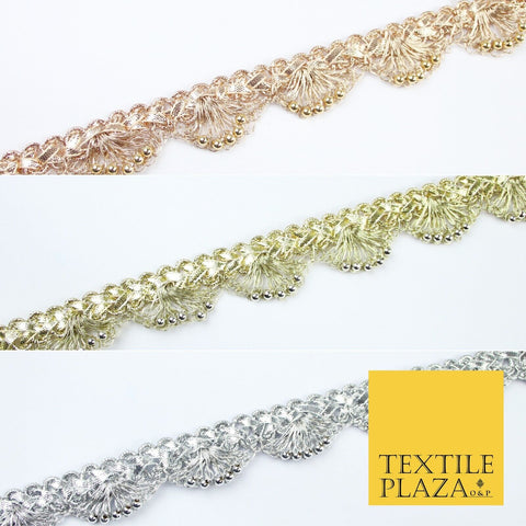 Chrome Pearl Beaded Swag Scalloped Metallic Ribbon Trim Border Lace - 2.2cm Wide