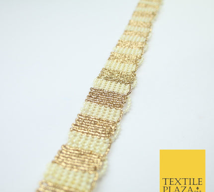 Gold / Ivory Pearl Beaded Striped Swag Ribbon Trim Border Lace - 3cm Wide - X525