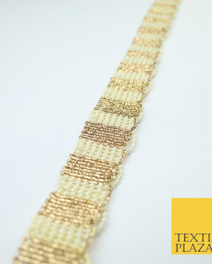 Gold / Ivory Pearl Beaded Striped Swag Ribbon Trim Border Lace - 3cm Wide - X525