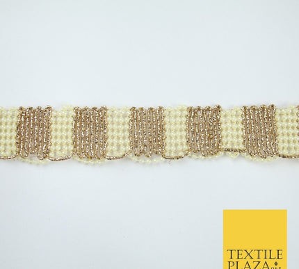 Gold / Ivory Pearl Beaded Striped Swag Ribbon Trim Border Lace - 3cm Wide - X525