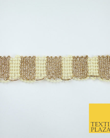 Gold / Ivory Pearl Beaded Striped Swag Ribbon Trim Border Lace - 3cm Wide - X525
