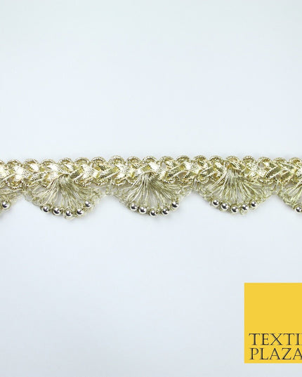 Chrome Pearl Beaded Swag Scalloped Metallic Ribbon Trim Border Lace - 2.2cm Wide