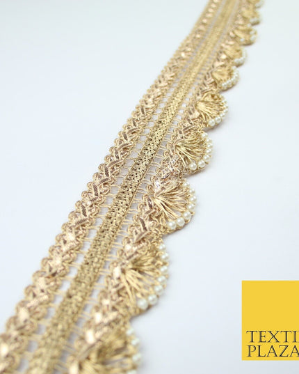 Triple Layer Swag Scalloped Plait Pearl Ribbon Trim Border Lace - 4.5cm Wide