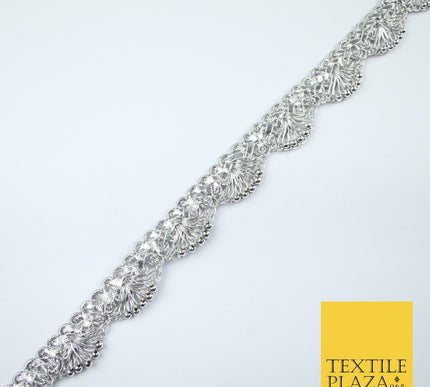 Chrome Pearl Beaded Swag Scalloped Metallic Ribbon Trim Border Lace - 2.2cm Wide