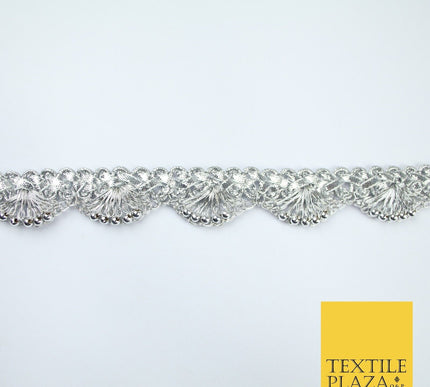 Chrome Pearl Beaded Swag Scalloped Metallic Ribbon Trim Border Lace - 2.2cm Wide
