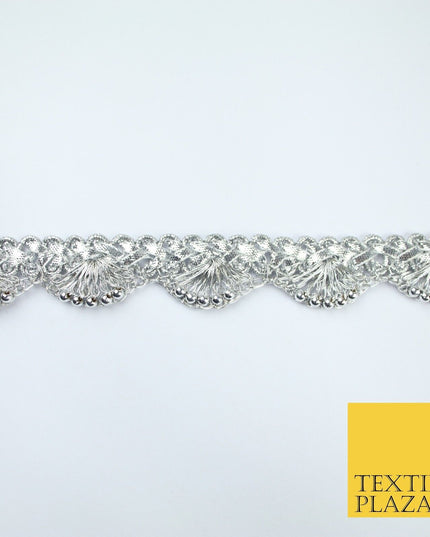 Chrome Pearl Beaded Swag Scalloped Metallic Ribbon Trim Border Lace - 2.2cm Wide