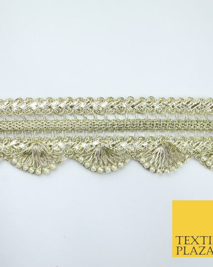 Triple Layer Swag Scalloped Plait Pearl Ribbon Trim Border Lace - 4.5cm Wide