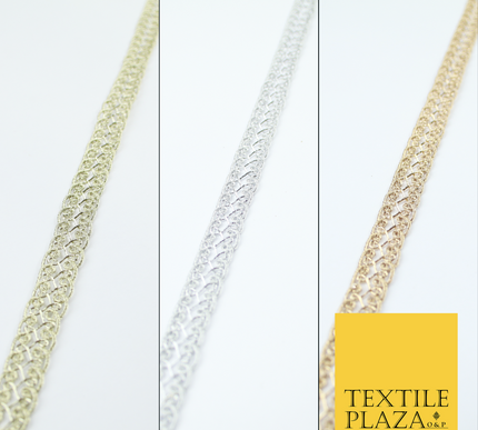 3 COLOURS - Fine Slim Ornate Plait Woven Metallic Trim Border Lace - 1cm Wide