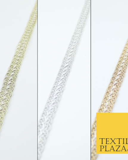 3 COLOURS - Fine Slim Ornate Plait Woven Metallic Trim Border Lace - 1cm Wide