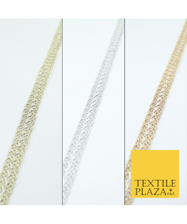 3 COLOURS - Fine Slim Ornate Plait Woven Metallic Trim Border Lace - 1cm Wide