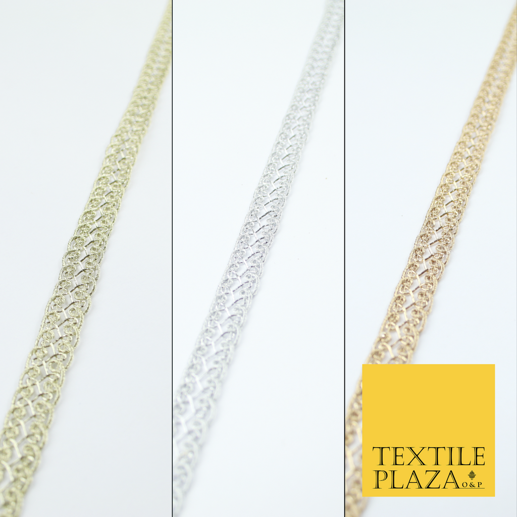 3 COLOURS - Fine Slim Ornate Plait Woven Metallic Trim Border Lace - 1cm Wide