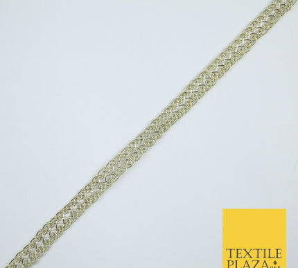3 COLOURS - Fine Slim Ornate Plait Woven Metallic Trim Border Lace - 1cm Wide