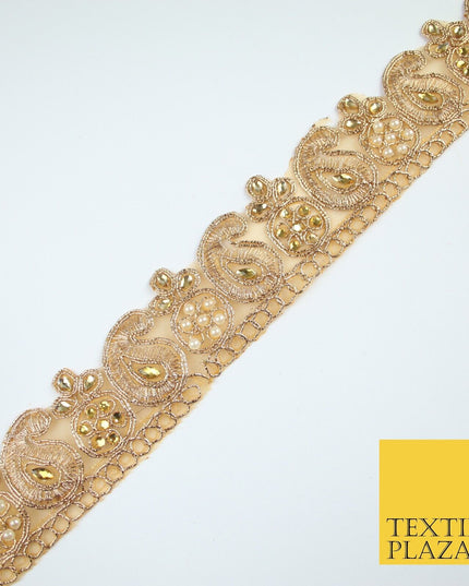 Gold Embroidered Pearl Stones Paisley Zari Trim Border Lace - 4cm Wide - X681