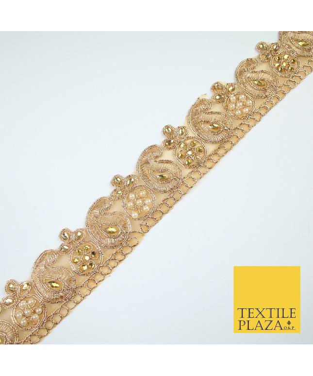 Gold Embroidered Pearl Stones Paisley Zari Trim Border Lace - 4cm Wide - X681