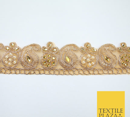 Gold Embroidered Pearl Stones Paisley Zari Trim Border Lace - 4cm Wide - X681