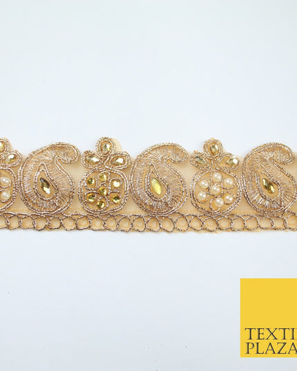 Gold Embroidered Pearl Stones Paisley Zari Trim Border Lace - 4cm Wide - X681