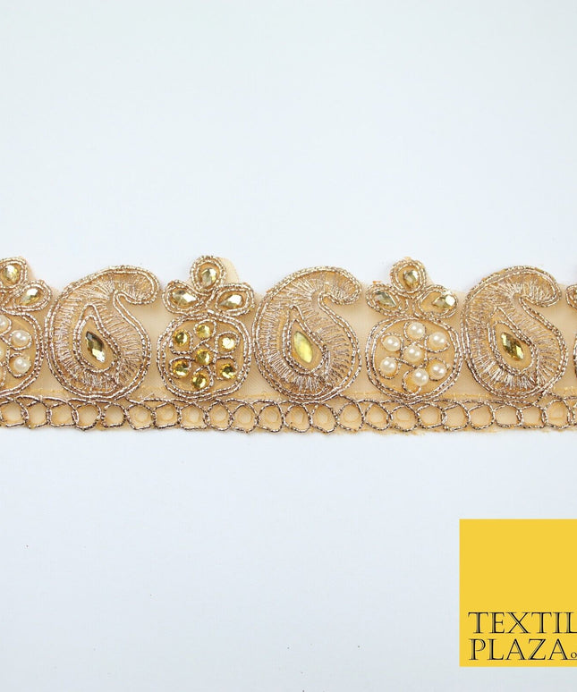 Gold Embroidered Pearl Stones Paisley Zari Trim Border Lace - 4cm Wide - X681