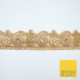 Gold Embroidered Pearl Stones Paisley Zari Trim Border Lace - 4cm Wide - X681
