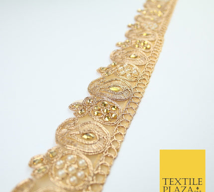 Gold Embroidered Pearl Stones Paisley Zari Trim Border Lace - 4cm Wide - X681