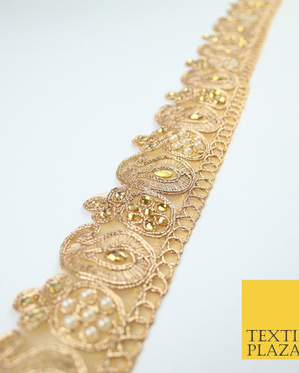 Gold Embroidered Pearl Stones Paisley Zari Trim Border Lace - 4cm Wide - X681