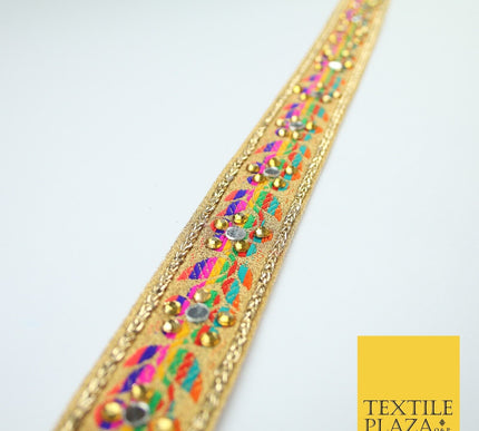 Gold Multicoloured Colourful Real Mirror Diamonte Trim Border Lace 3cm Wide X672