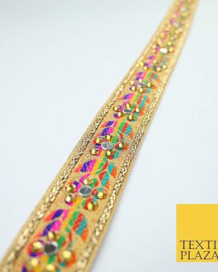 Gold Multicoloured Colourful Real Mirror Diamonte Trim Border Lace 3cm Wide X672