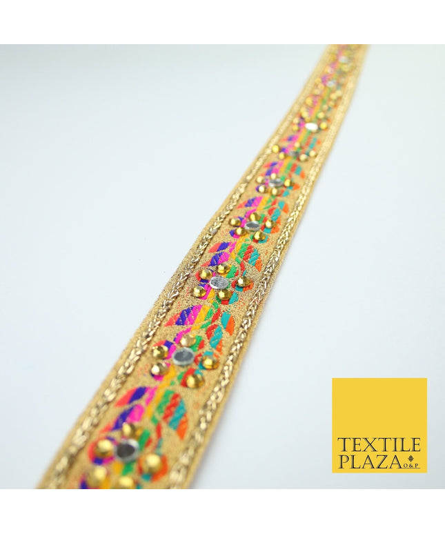 Gold Multicoloured Colourful Real Mirror Diamonte Trim Border Lace 3cm Wide X672
