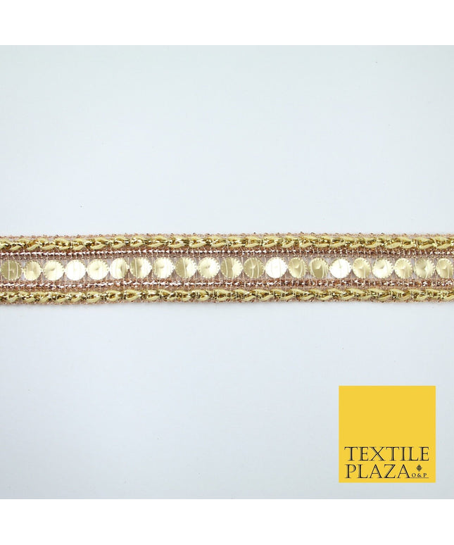 Gold Lightweight Double Weave Matt Sequin Trim Border Lace - 2cm Wide - X674