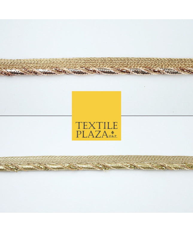 Gold / Rose Slim Metallic Rope Effect Flange Trim Border Ribbon Lace - 1cm Wide