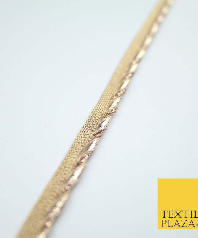 Gold / Rose Slim Metallic Rope Effect Flange Trim Border Ribbon Lace - 1cm Wide