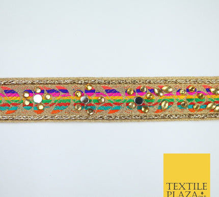 Gold Multicoloured Colourful Real Mirror Diamonte Trim Border Lace 3cm Wide X672