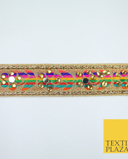 Gold Multicoloured Colourful Real Mirror Diamonte Trim Border Lace 3cm Wide X672