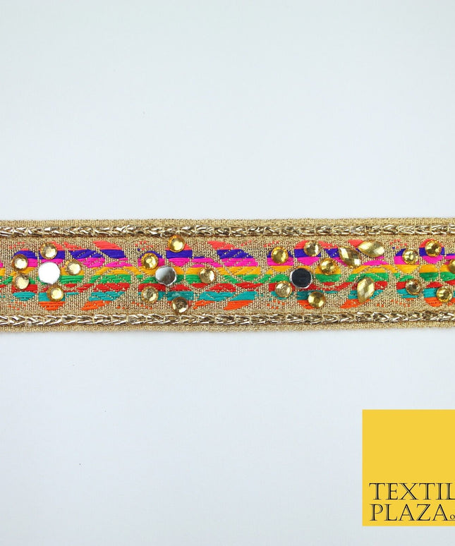 Gold Multicoloured Colourful Real Mirror Diamonte Trim Border Lace 3cm Wide X672