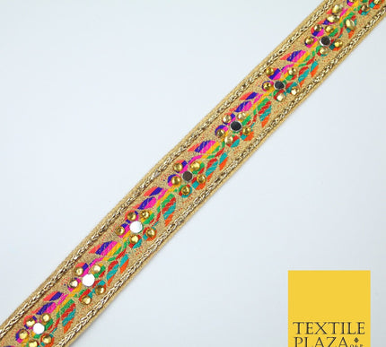 Gold Multicoloured Colourful Real Mirror Diamonte Trim Border Lace 3cm Wide X672