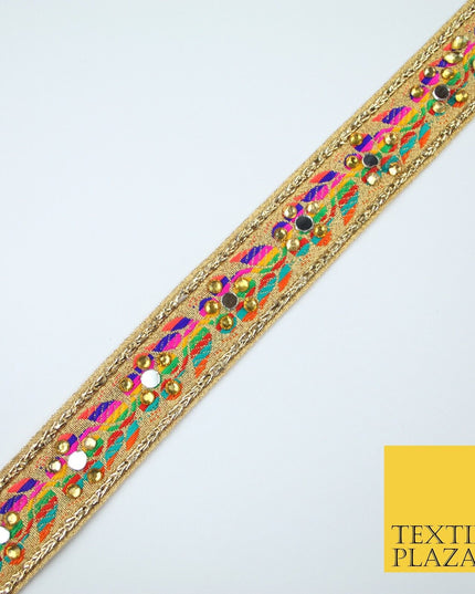 Gold Multicoloured Colourful Real Mirror Diamonte Trim Border Lace 3cm Wide X672