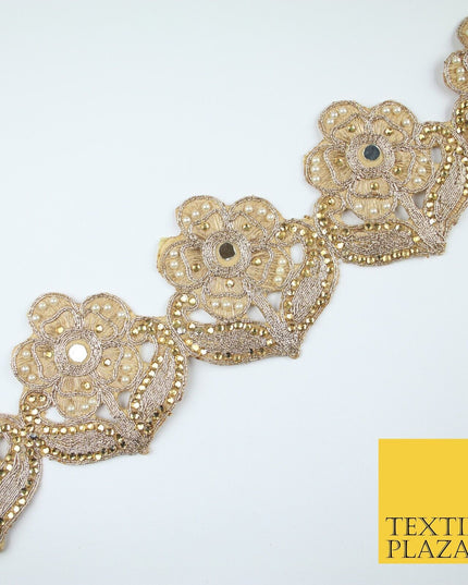 Luxury Gold Mirror Pearl Diamonte Stone Floral Motif Border Lace - 9cm Wide X679