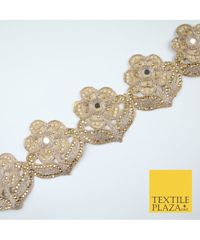 Luxury Gold Mirror Pearl Diamonte Stone Floral Motif Border Lace - 9cm Wide X679