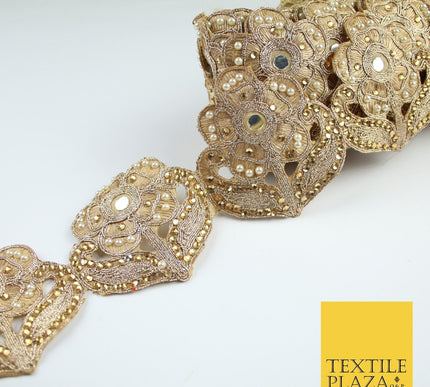 Luxury Gold Mirror Pearl Diamonte Stone Floral Motif Border Lace - 9cm Wide X679