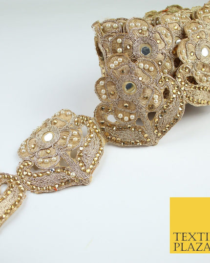 Luxury Gold Mirror Pearl Diamonte Stone Floral Motif Border Lace - 9cm Wide X679